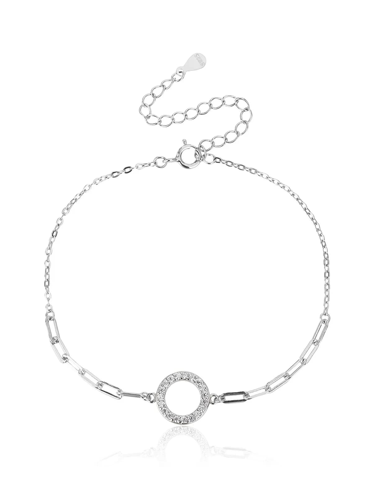 Ragyogó kör motíumos cirkónia köves karkötő, hosszúkás szemű lánccal, AG 925 ródiumozott ezüst (17 + 6 cm) 1