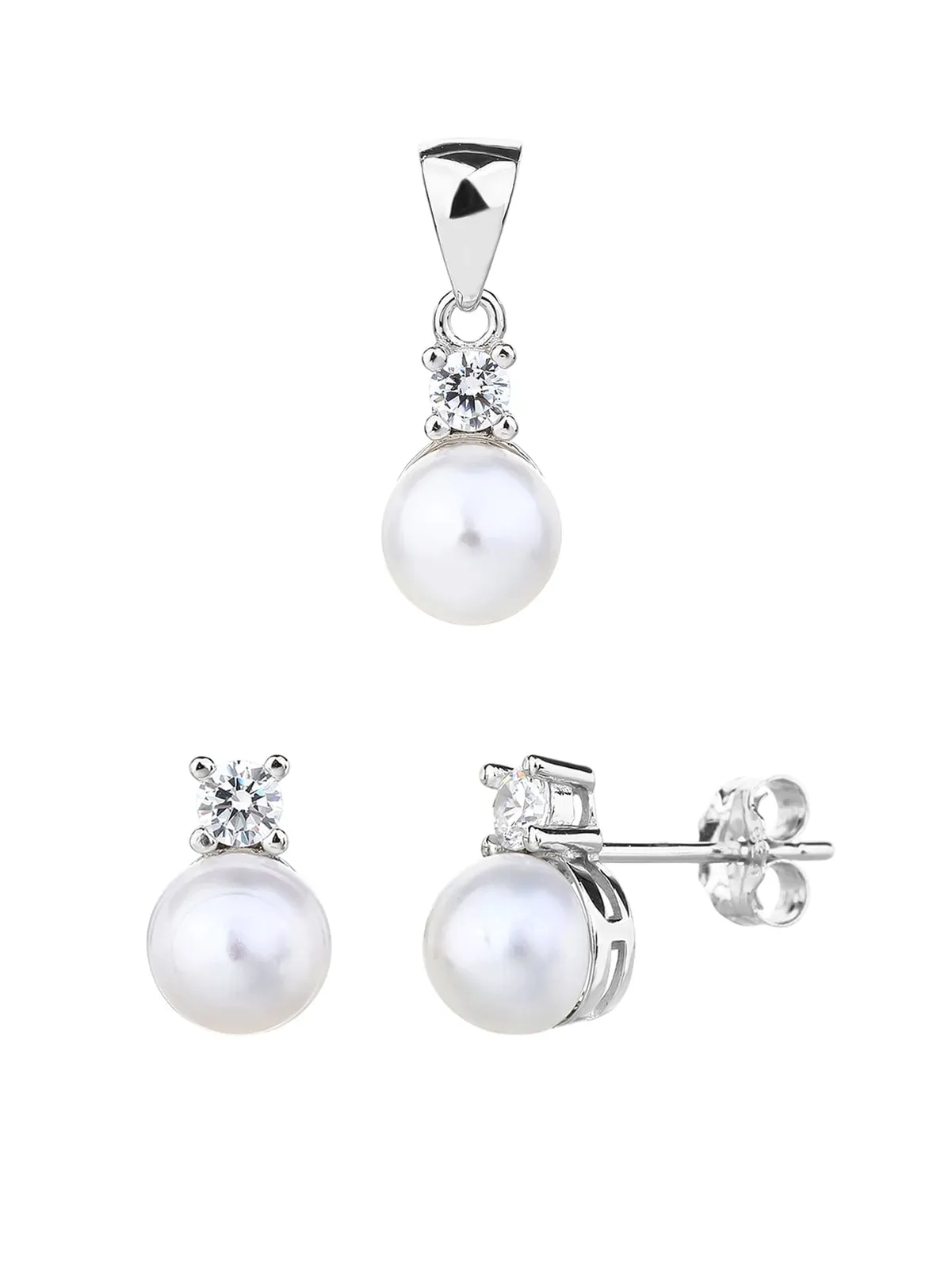 Conjunto de joyas con perlas y circonitas, plata de ley 925 con baño de rodio (sin cadena) 1