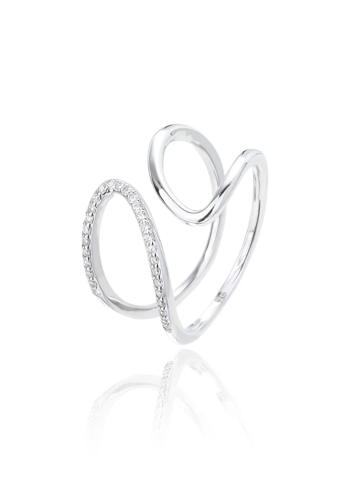 Anillo ondulado de plata con circonitas blancas 1