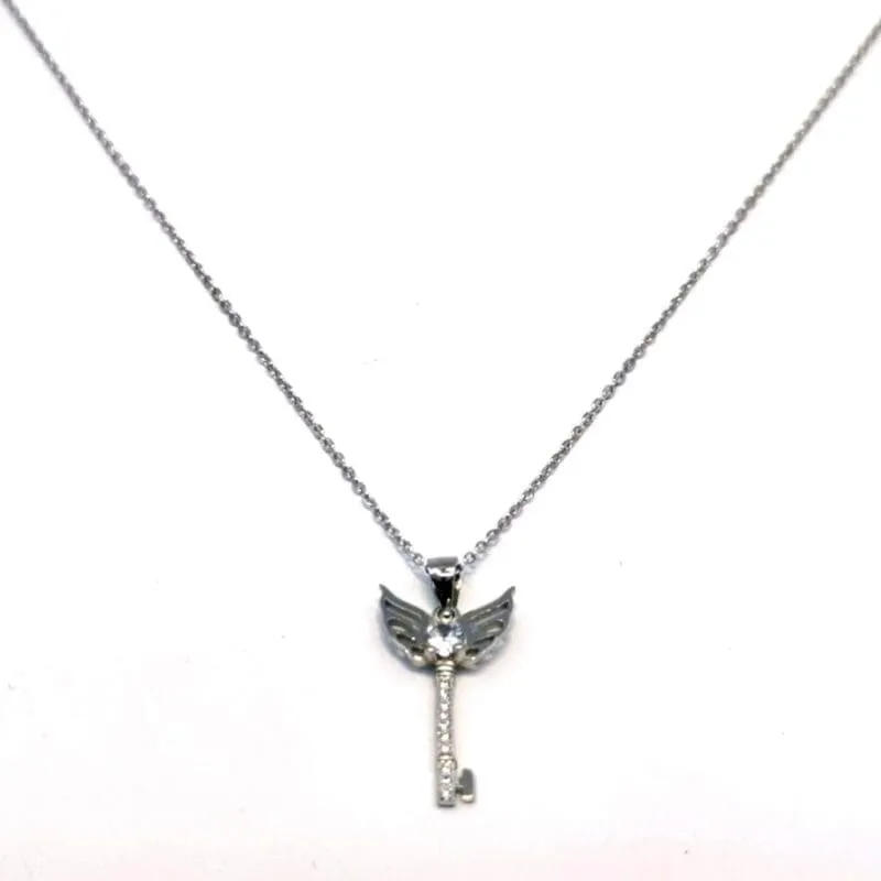 Silberne Kette mit weißem Stein Engelsflügel Schlüsselanhänger 1