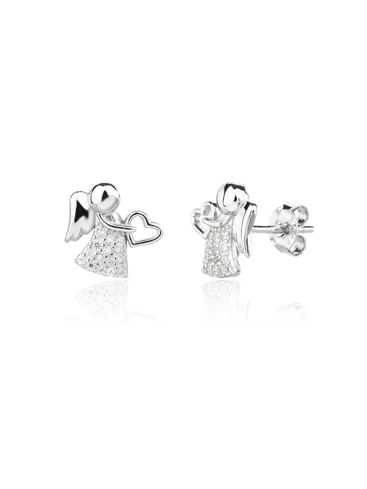 Pendientes de ángel con corazón, plata de ley 925 con baño de rodio 1