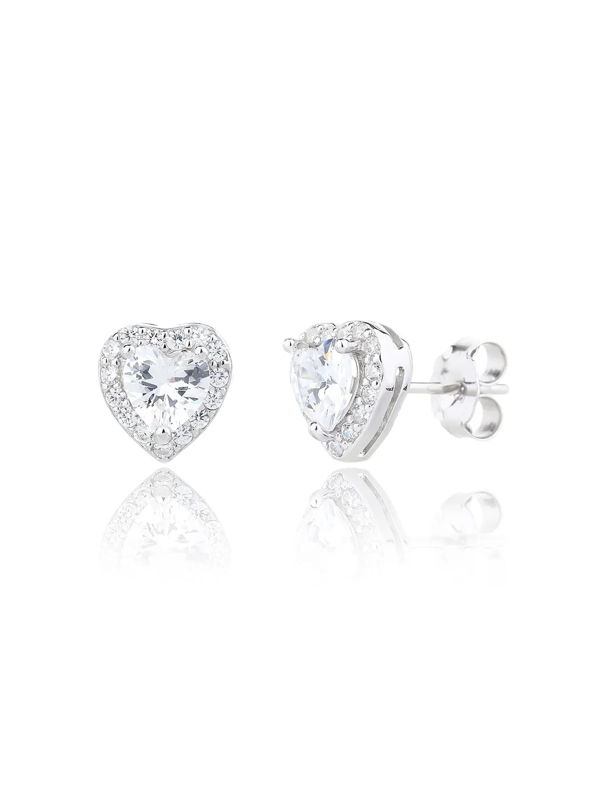 Pendientes de botón de plata con piedra blanca en forma de corazón y circonitas blancas 1