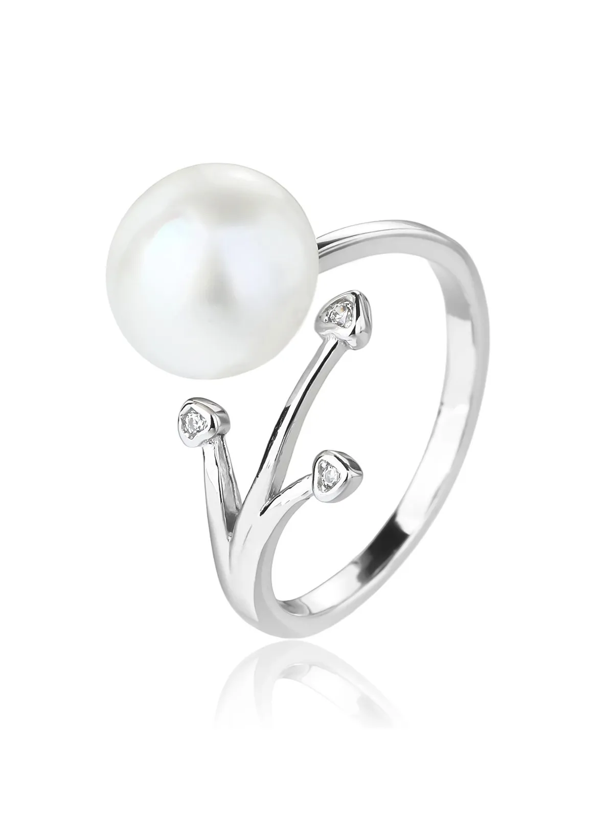 Anillo con motivo de rama, perla blanca cultivada de agua dulce y circonitas, plata de ley 925 con baño de rodio 1