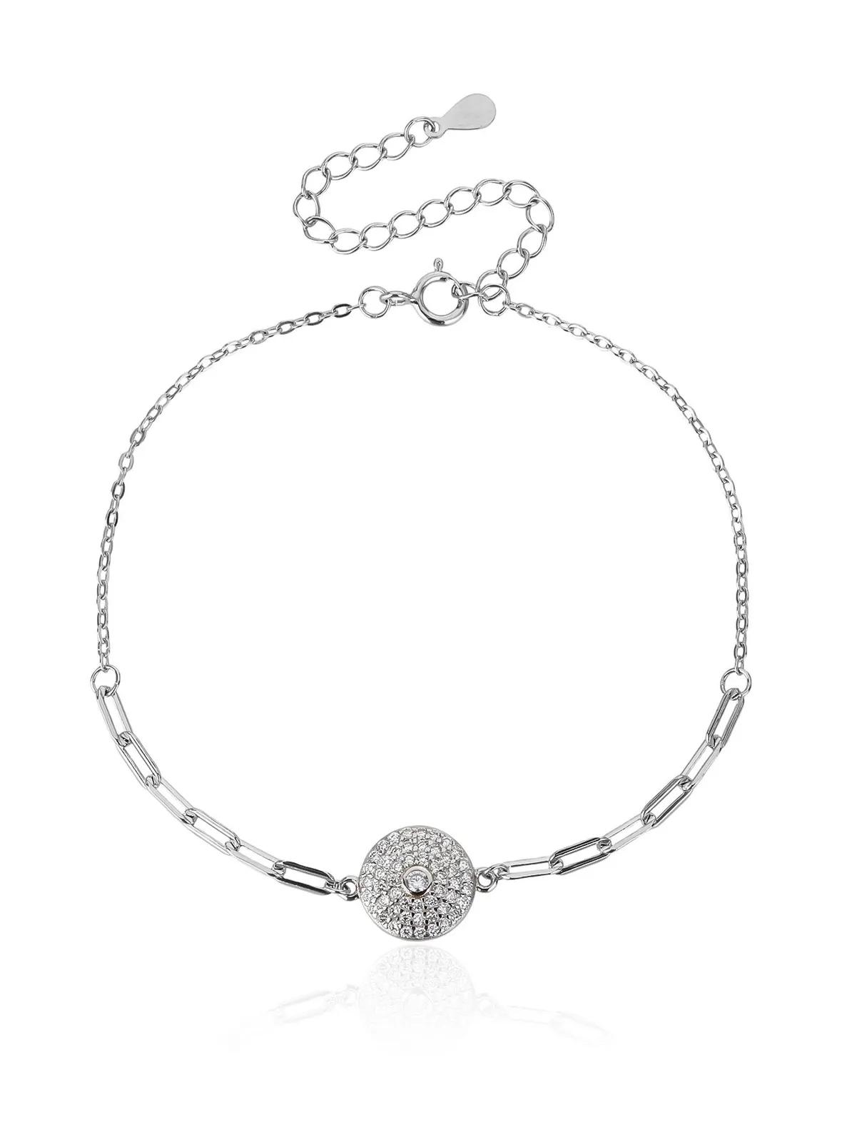Armband mit kreisförmigem Anhänger und Zirkonia-Steinen, mit länglichen Gliedern, aus rhodiniertem 925er Silber (17 + 6 cm) 1