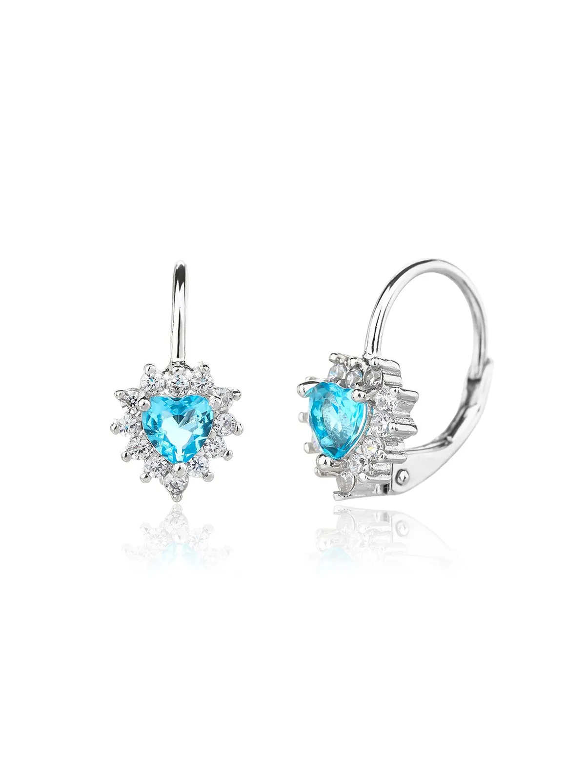Pendientes de corazón con piedras azules y blancas, circonitas y cierre a presión, plata de ley 925 con baño de rodio (1,3 × 0,7 cm) 1