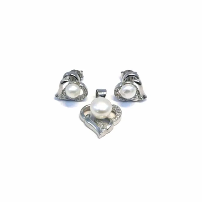 Pendientes de botón de corazón y colgante de plata con perlas y piedras blancas 1