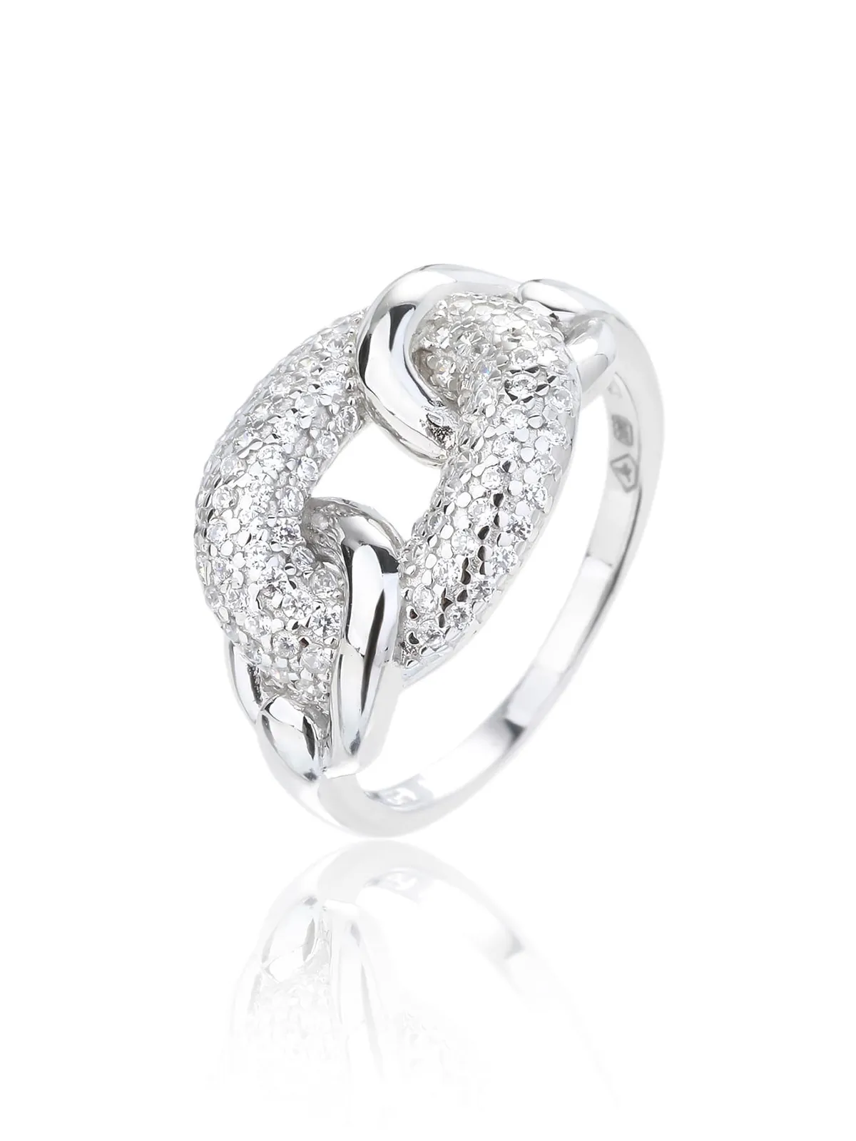Silberner Ring im Gliederdesign mit weißem Zirkonia 1
