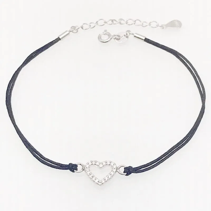 Black cotton with white stones silver heart ankle chain 23cm+3cm extender 1