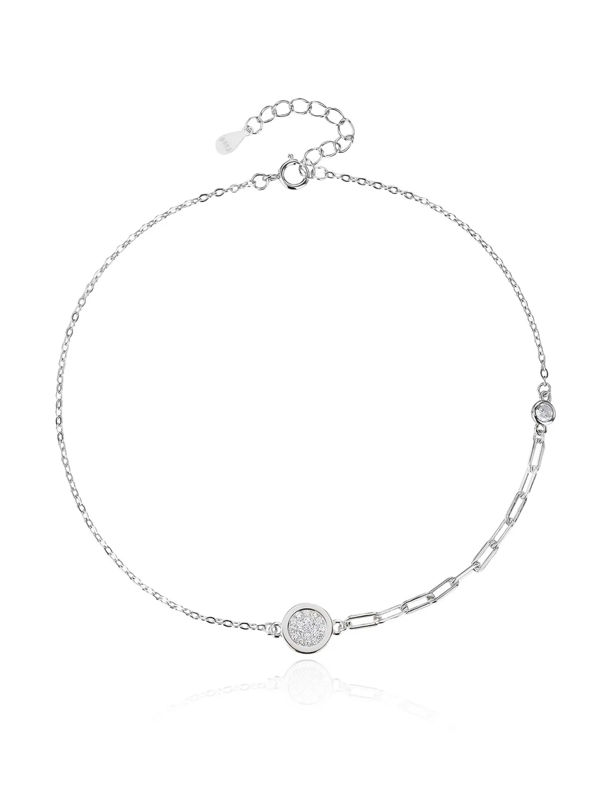 Tobillera de eslabones alargados con motivo circular y circonitas, plata de ley 925 con baño de rodio (23 + 4 cm) 1