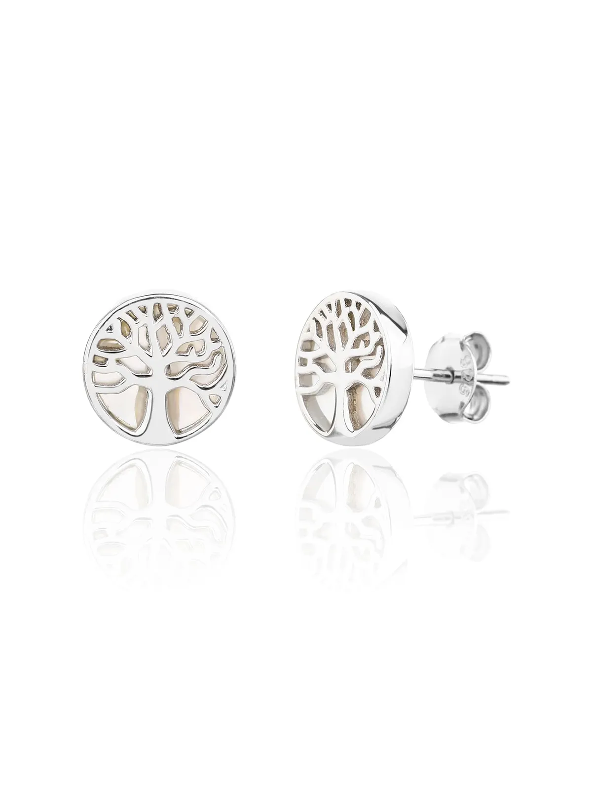 Pendientes de botón de plata con árbol de la vida e incrustación de nácar 1