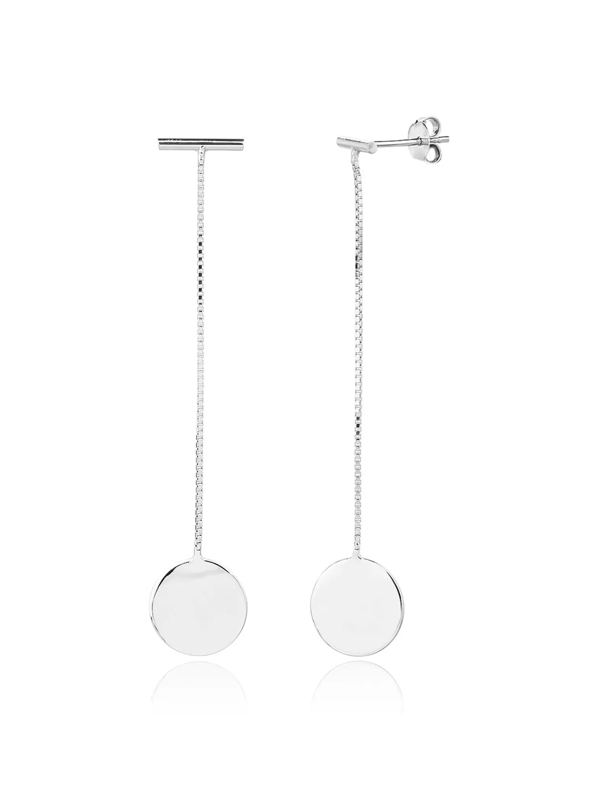 Earrings with a logo and a chain, featuring a round, shiny circle design, AG 925 rhodium-plated silver (6.2 × 1.2 cm) 1