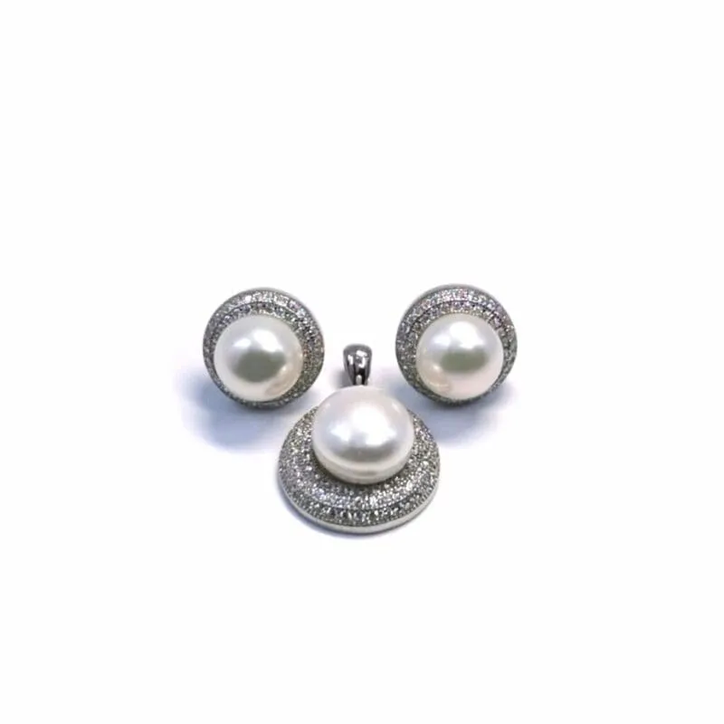 White stone round beaded silver stud earrings with pendant 1