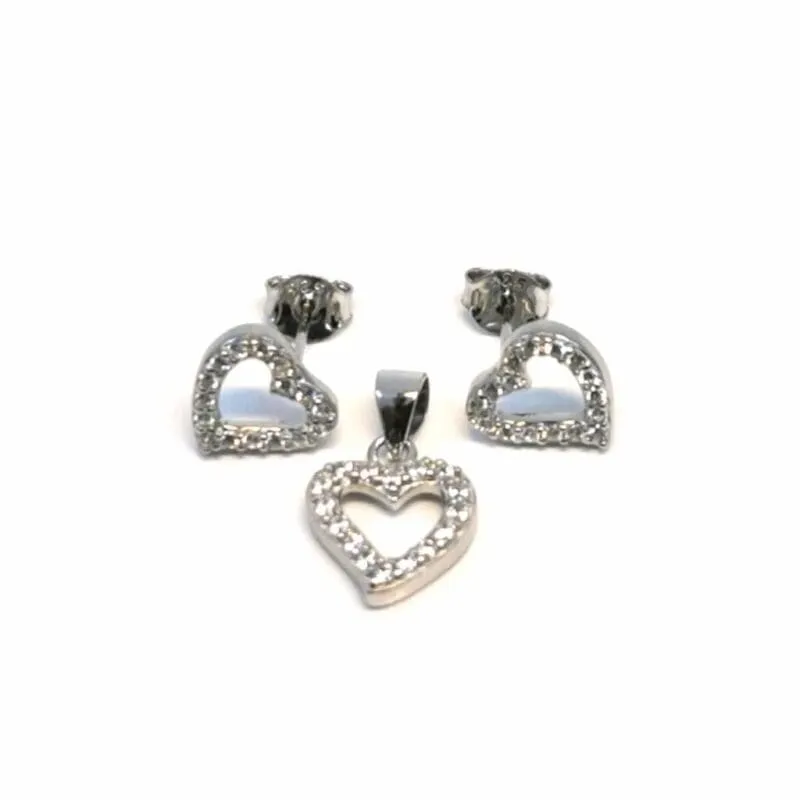 Pendientes de botón y colgante de corazón de plata con piedras blancas 1