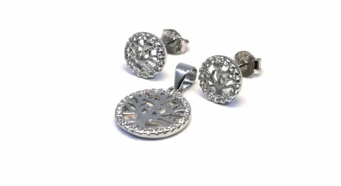 Ohrstecker aus weißem Stein mit silbernem Lebensbaum-Anhänger 1