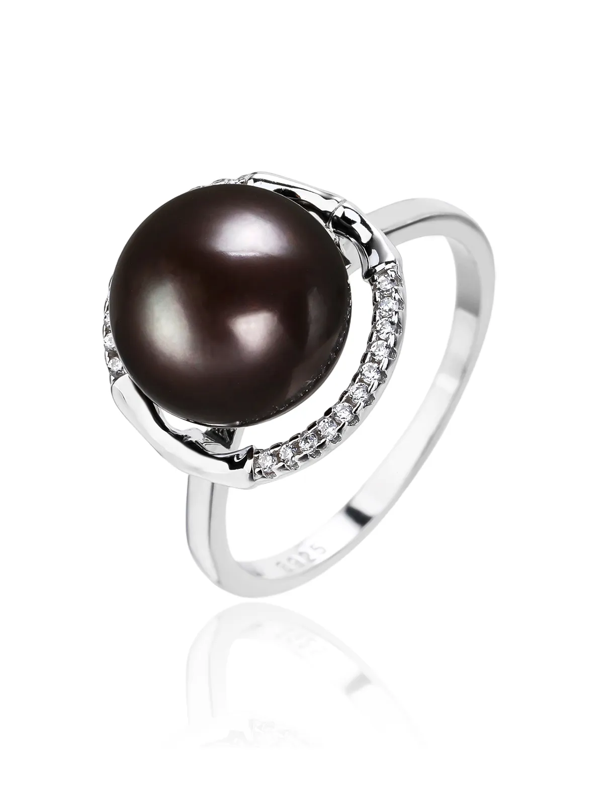 Anillo con perla negra cultivada de agua dulce y circonitas, plata de ley 925 con baño de rodio 1