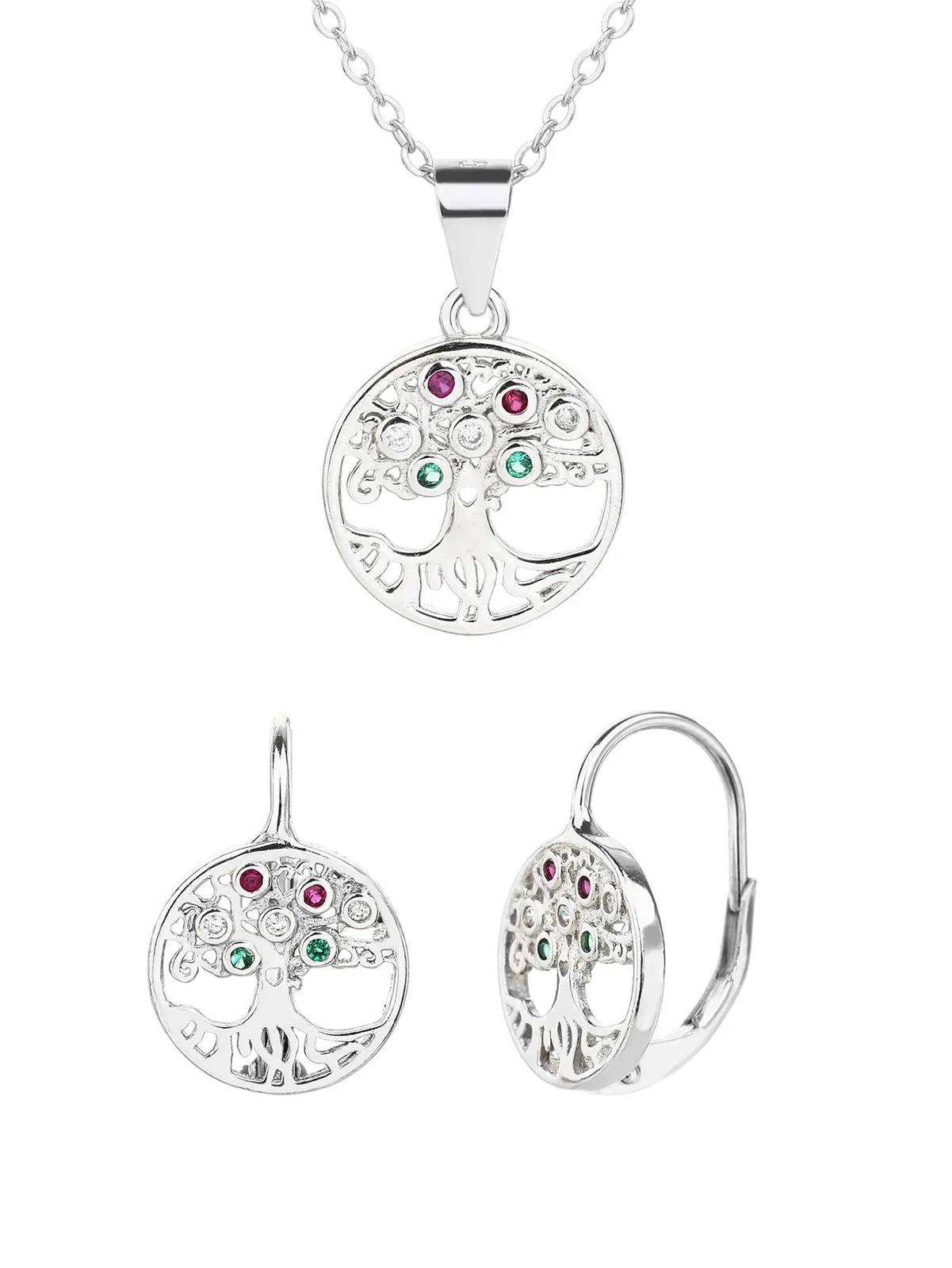 Conjunto Nemzeti Fény tricolor de colgante y pendientes árbol de la vida, plata de ley 925 con baño de rodio 1