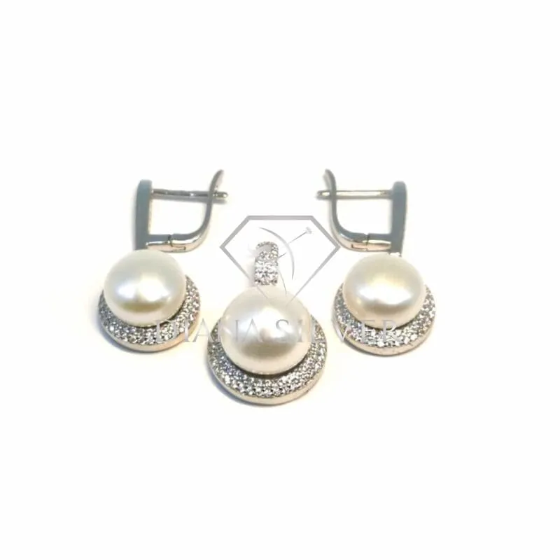 Pendientes con cierre de gancho y colgante de plata con perlas y piedras blancas 1