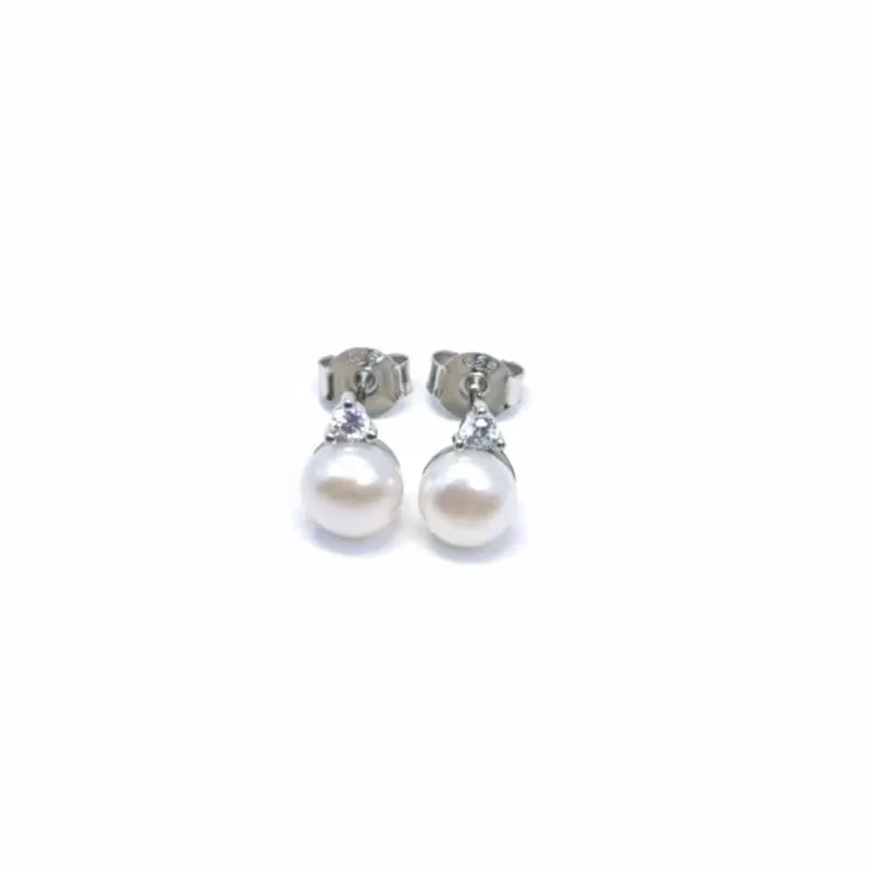 Pendientes de botón de plata con perla y piedras blancas 1