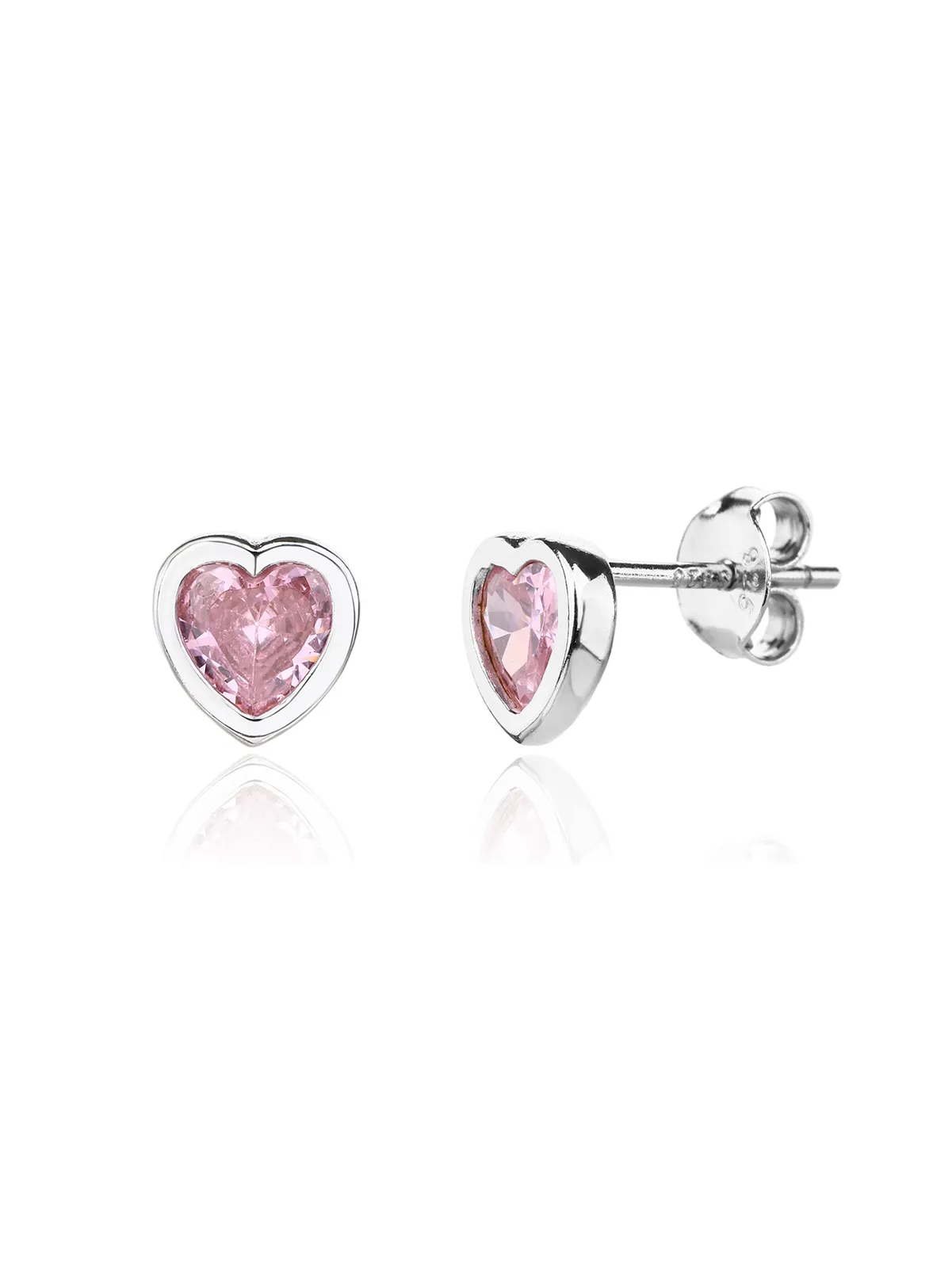 Pendientes de botón de corazón de plata con circonitas rosas, con baño de rodio 1