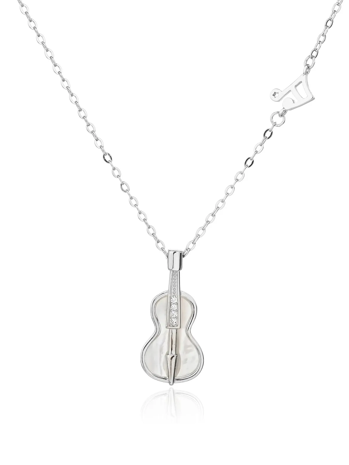 Collar con violín incrustado de nácar y nota musical con circonita blanca, plata de ley 925 con baño de rodio (44+4 cm) 1