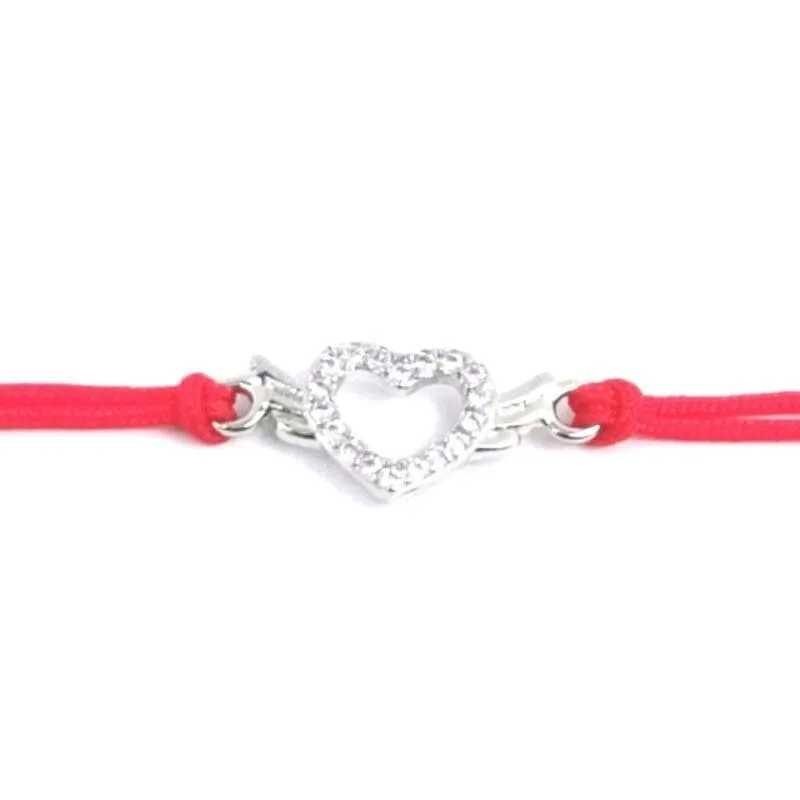 Pulsera de protección de algodón rojo con corazón y alas de ángel de plata con piedras 1