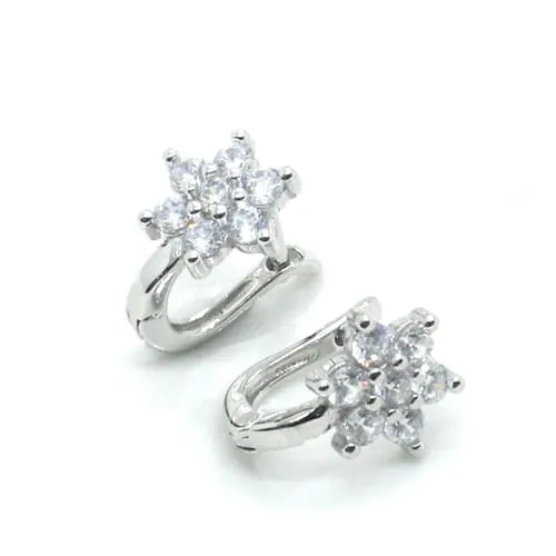 Silver French clasp earrings with white stone flower pattern 1