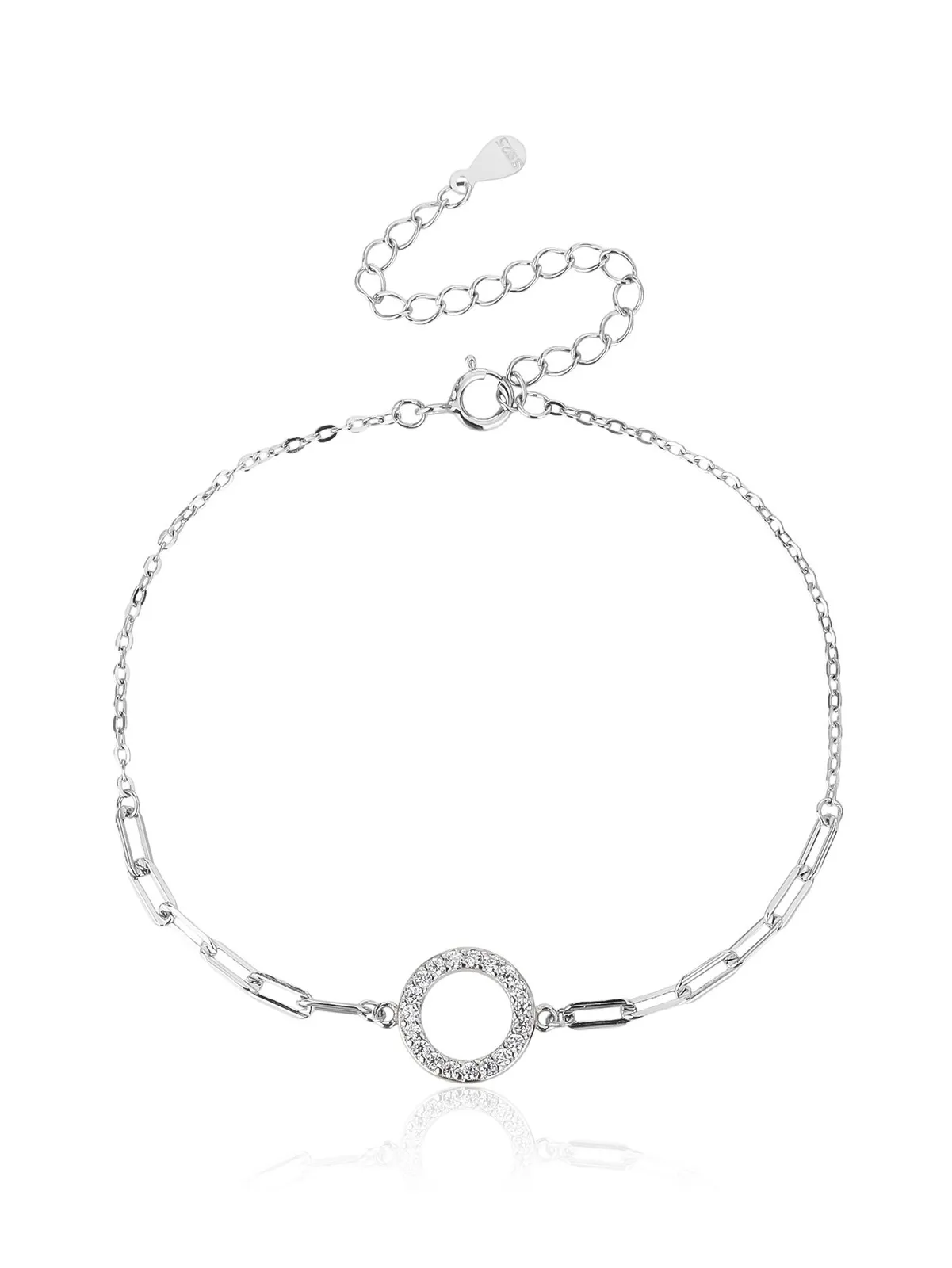 Pulsera de eslabones alargados con motivo circular y circonitas, plata de ley 925 con baño de rodio (17 + 6 cm) 1