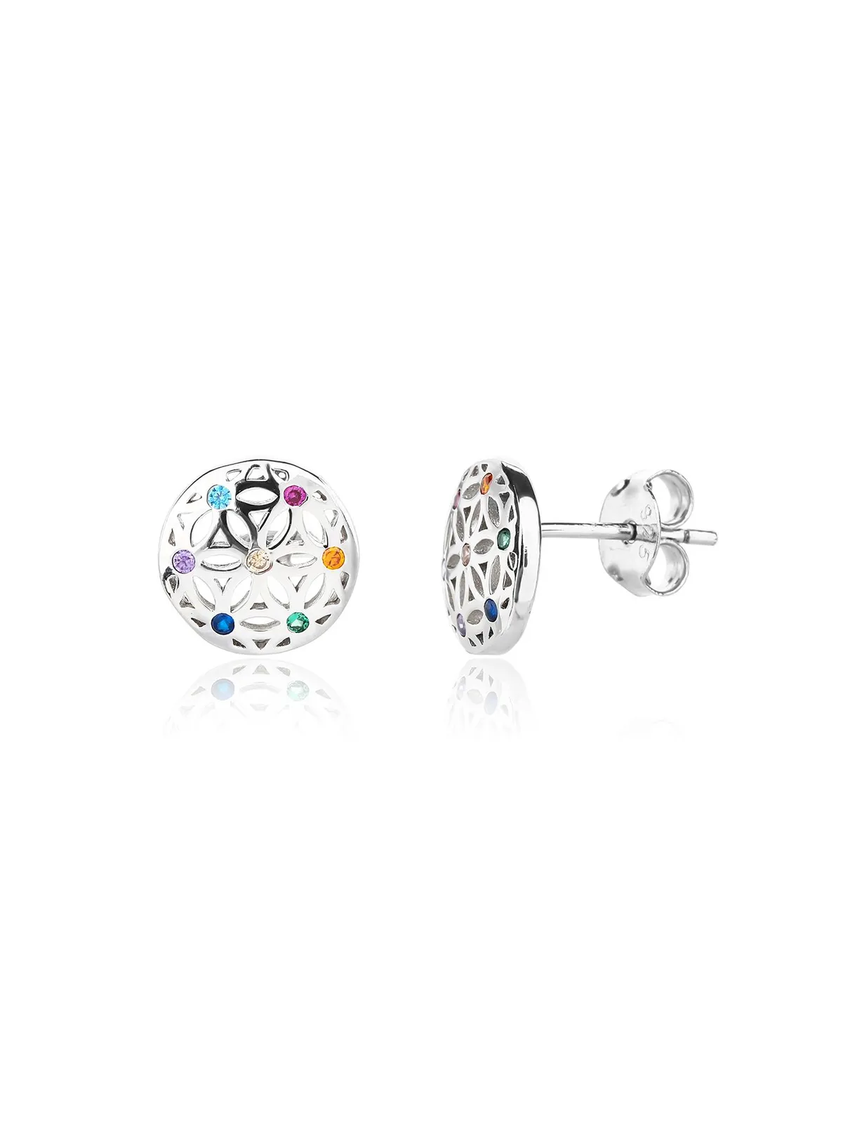 Cercei floarea vieții cu șurub, în culorile chakrelor, din argint 925 placat cu rodiu (0,9 × 0,9 cm) 1