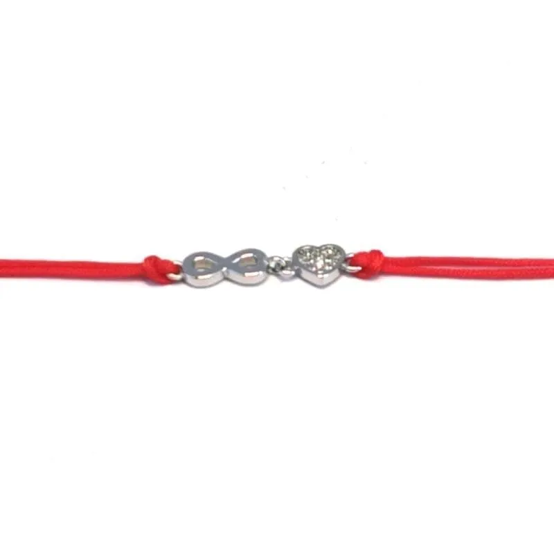 Pulsera de algodón rojo de doble hilo con corazón infinito de plata y piedras blancas 1