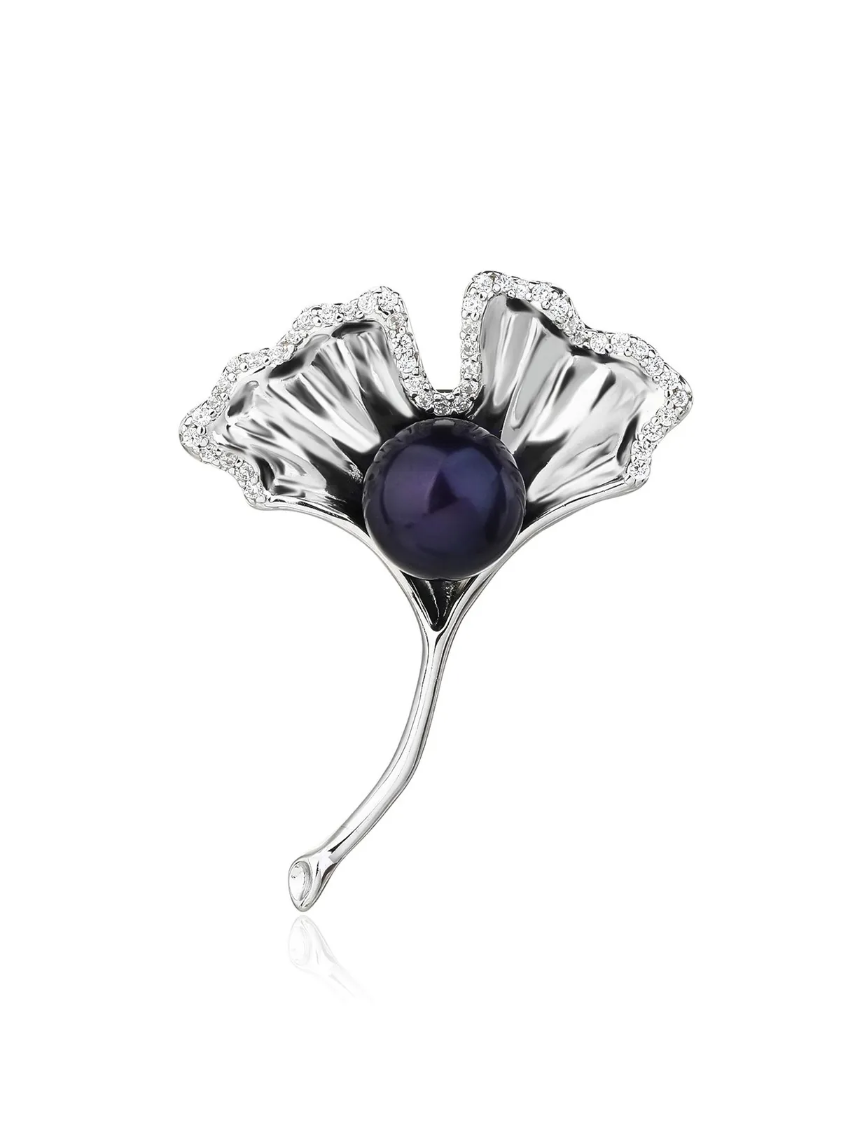 Broche ginkgo biloba con perla negra cultivada de agua dulce y piedras blancas, plata de ley 925 con baño de rodio (3,4 × 2,5 cm) 1