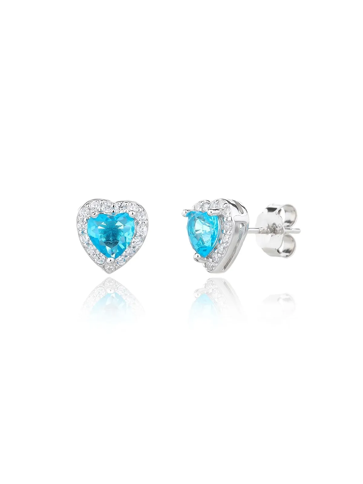 Pendientes de botón de plata con piedra azul claro en forma de corazón y circonitas blancas 1