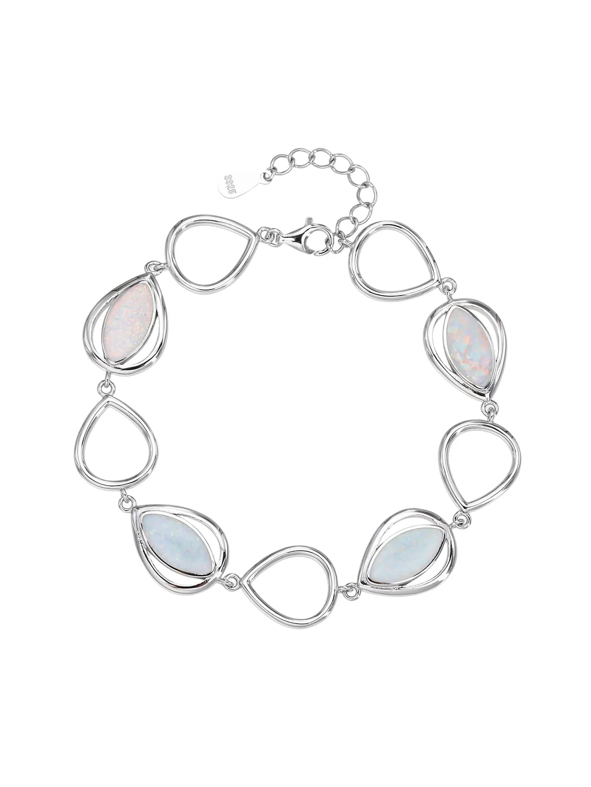 Pulsera de plata con contorno de gota y ópalos blancos (16,5+3,5 cm) 1
