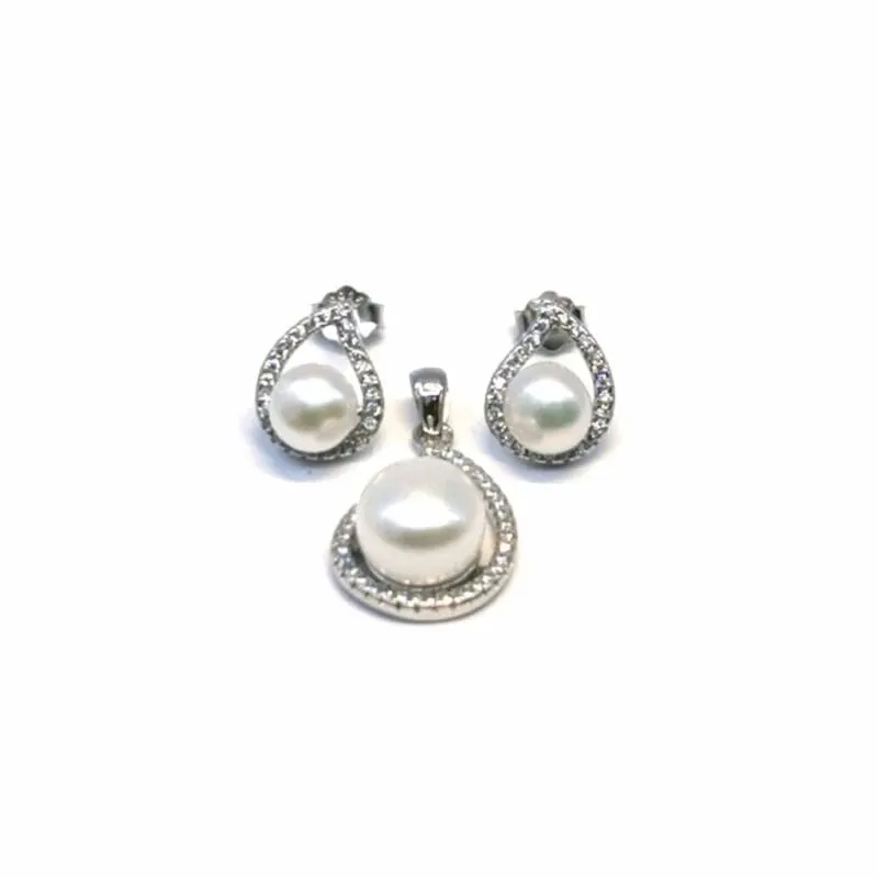 Pendientes de botón y colgante de plata con perlas y piedras blancas 1