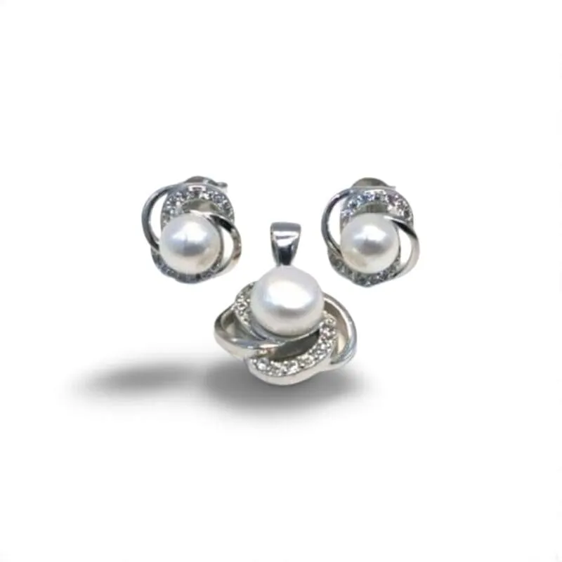 Pearl silver stud earrings and pendant with white stone 1