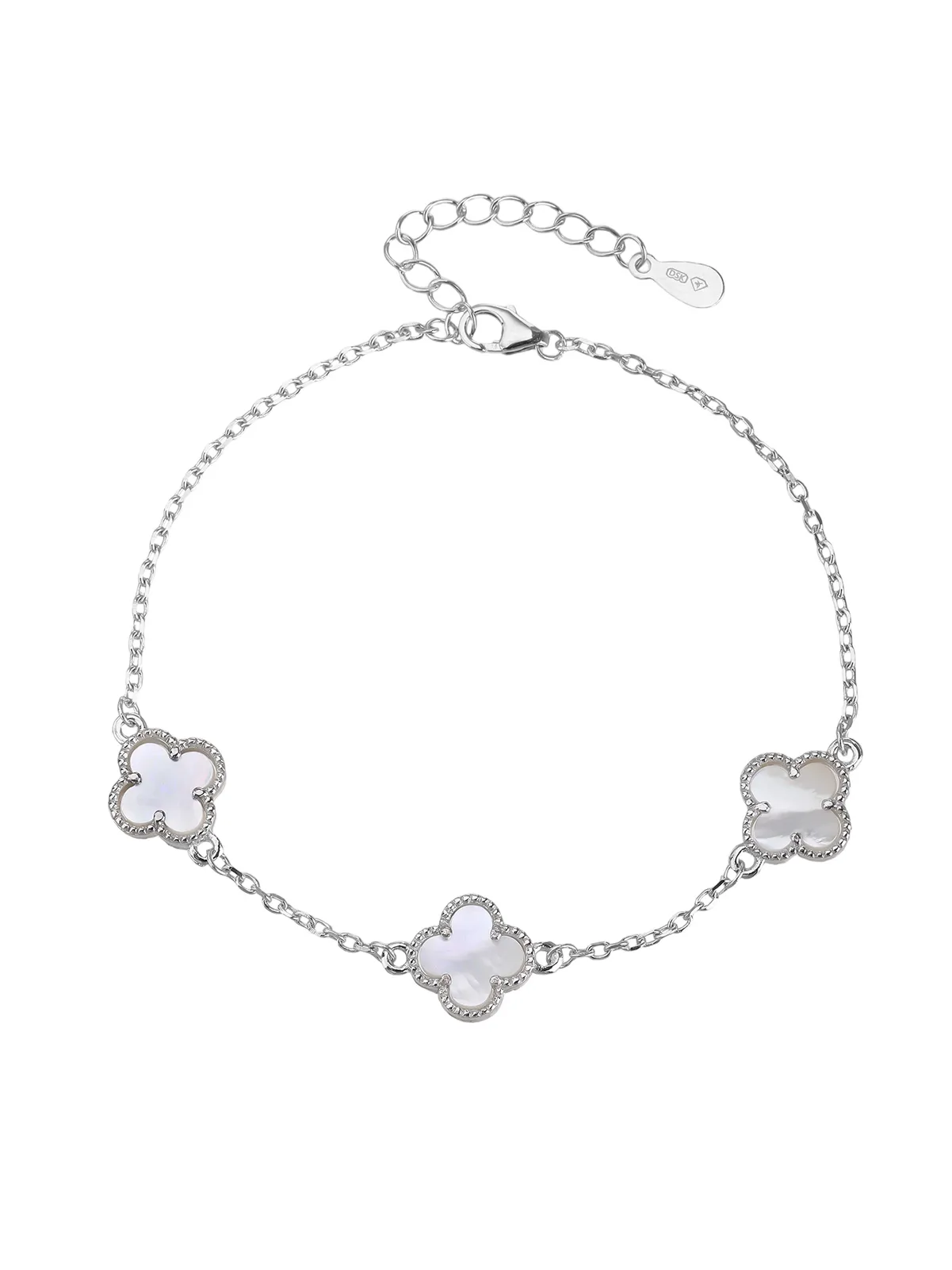 Armband mit vierblättrigem Kleeblatt-Motiv und Einlagen aus silbernem Perlmutt, mit drei Kleeblättern, rhodiniert 1