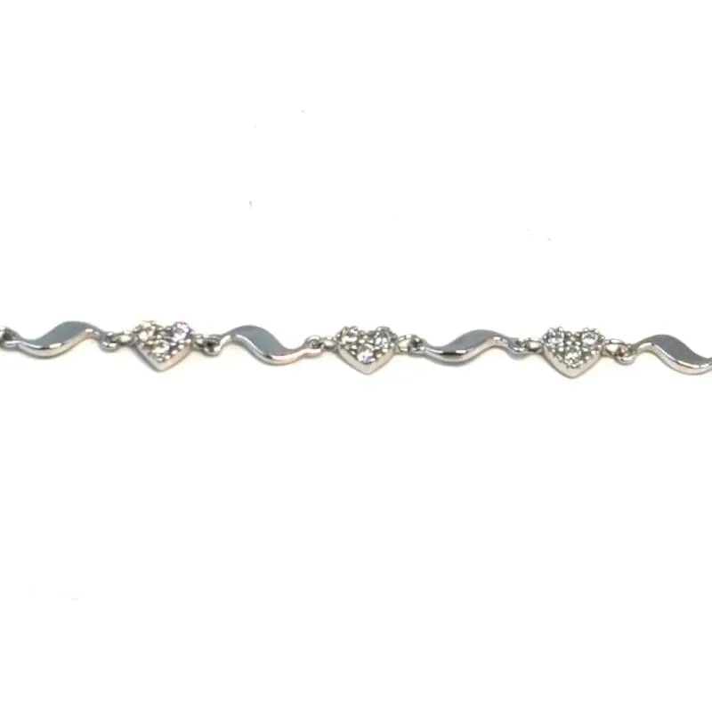 Silbernes gewelltes Armband mit weißen Steinen und Herzen 1